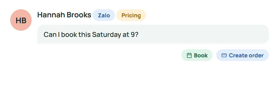 A Zalo message with book and create-order actions