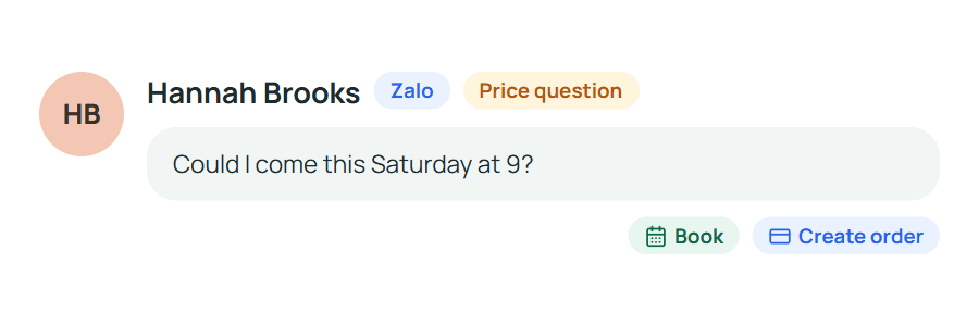 A Zalo message with book and create-order actions