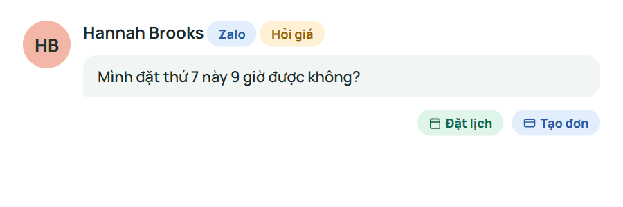 Tin nhắn Zalo kèm nút đặt lịch và tạo đơn