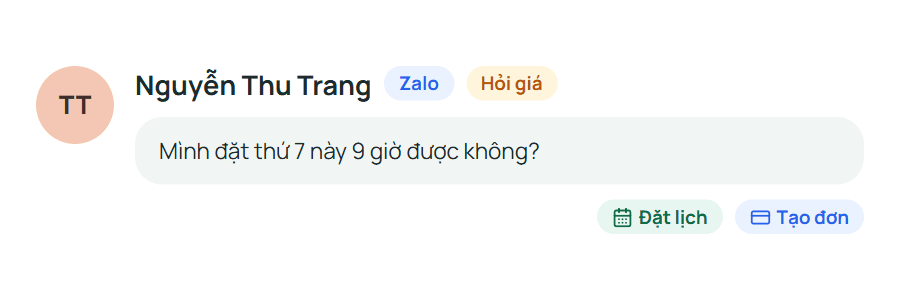 Tin nhắn Zalo kèm nút đặt lịch và tạo đơn