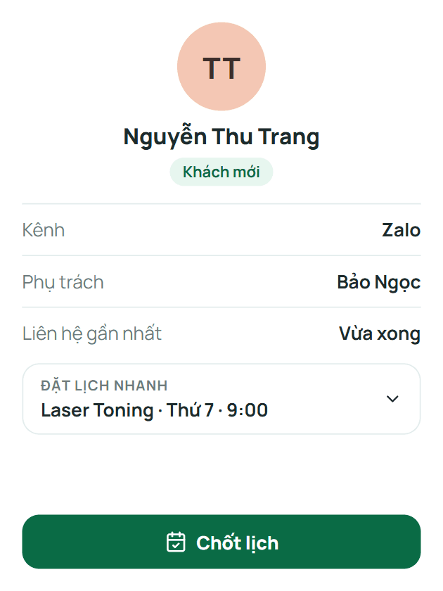 Hồ sơ khách và đặt lịch nhanh bên cạnh cuộc chat