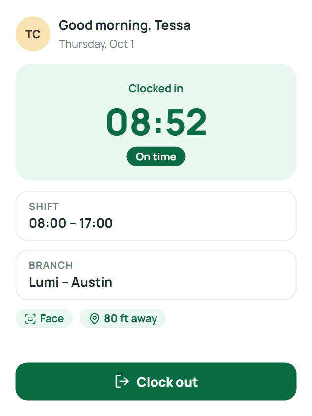Clocking in on the phone with shift and branch
