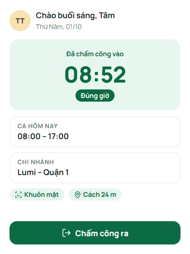 Chấm công trên điện thoại với ca làm và chi nhánh