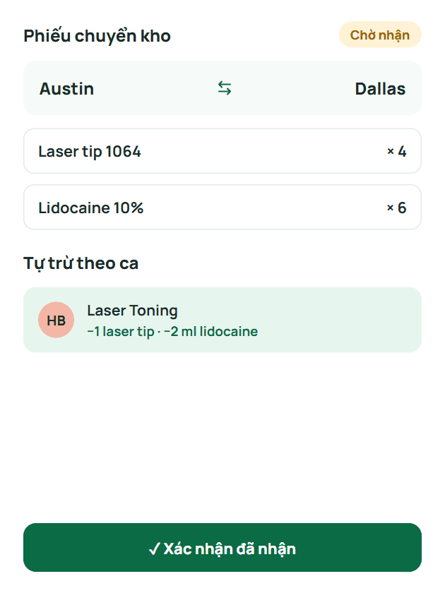 Phiếu chuyển kho Austin sang Dallas và tự trừ theo ca