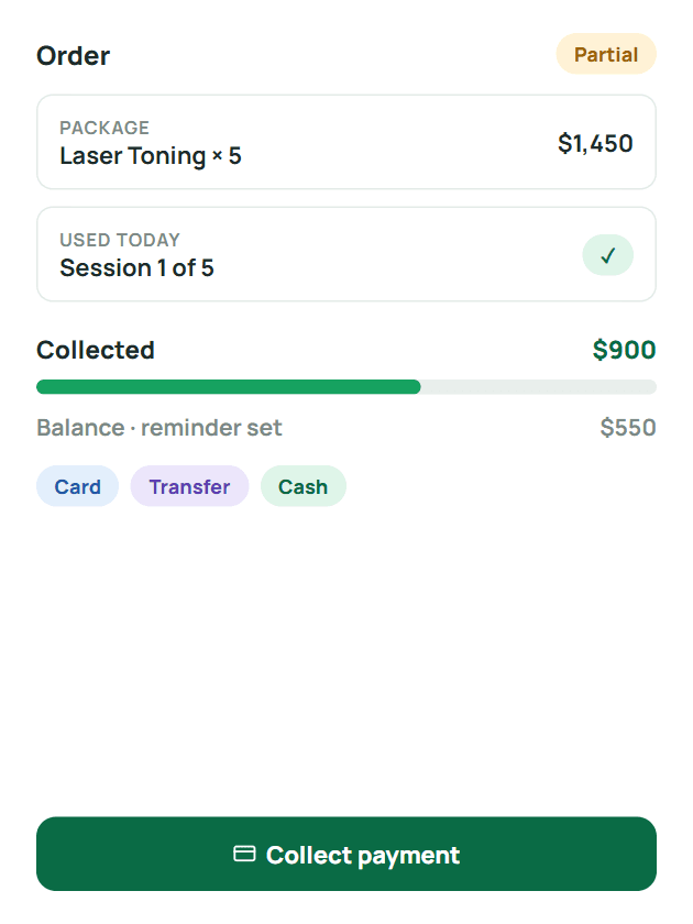 Order: package, session used today, collected and balance