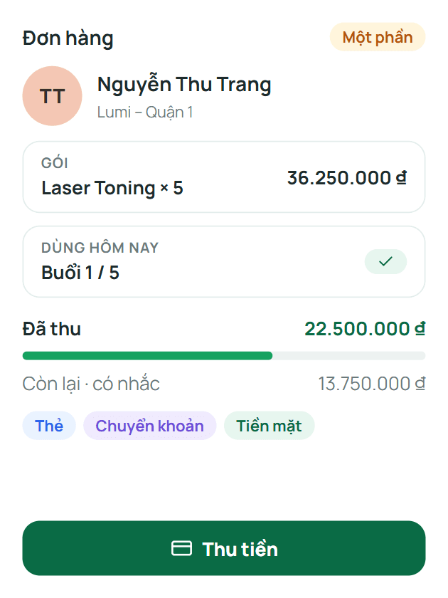 Đơn hàng: gói, buổi dùng hôm nay, đã thu và còn lại
