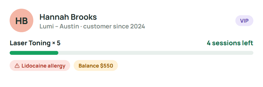 Customer summary: sessions left, allergy, balance
