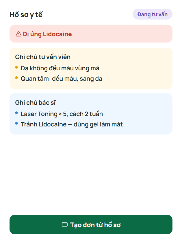 Cảnh báo dị ứng, ghi chú tư vấn viên và bác sĩ