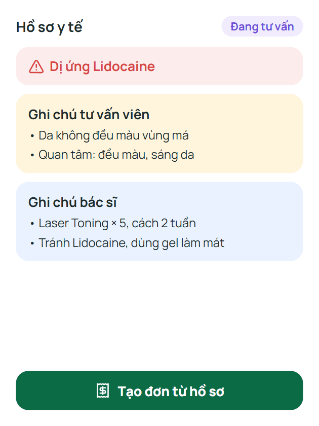 Cảnh báo dị ứng, ghi chú tư vấn viên và bác sĩ