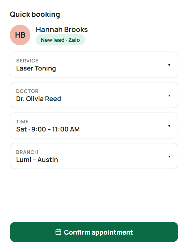 Quick booking pane for a new lead