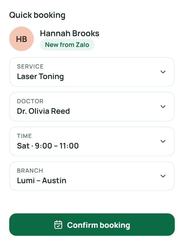 Quick booking pane for a new lead