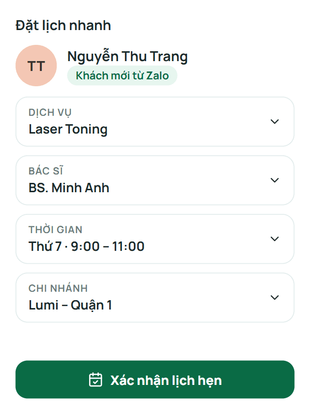Khung đặt lịch nhanh cho khách mới