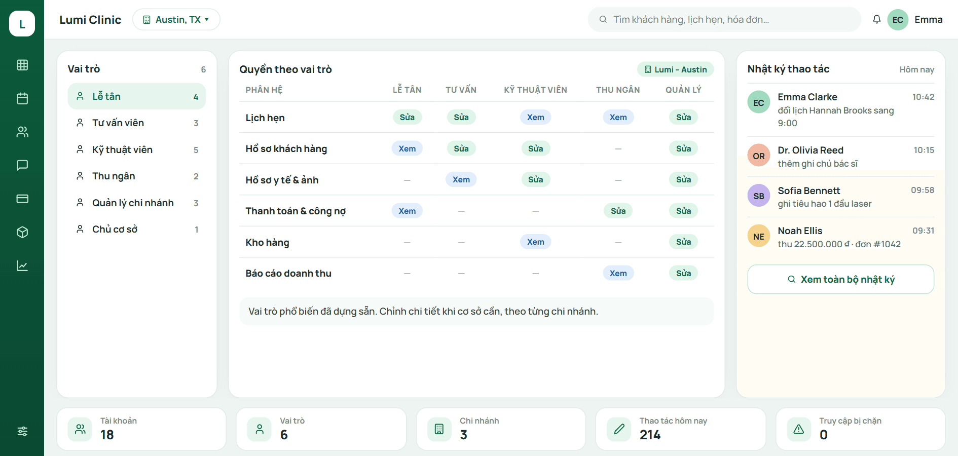 Bảng phân quyền theo vai trò và nhật ký thao tác trong Qub-X CRM