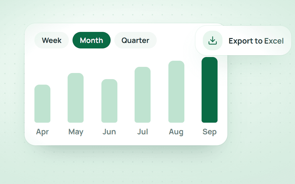 Pick the period and branch, export to Excel in one click.