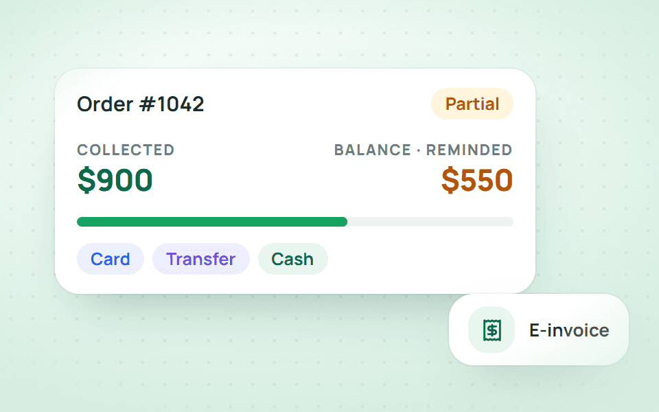 Orders, payments, balances and e-invoices.