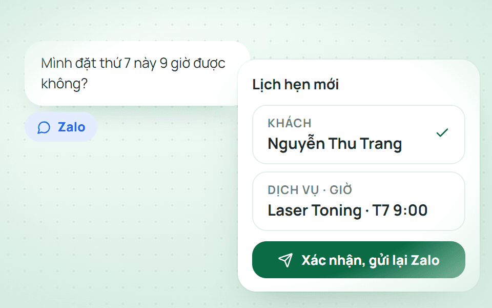 Tên, số điện thoại có sẵn, chọn dịch vụ và giờ là xong.