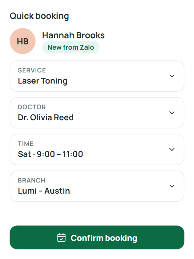 Booking a client's next appointment: service, doctor, time and branch