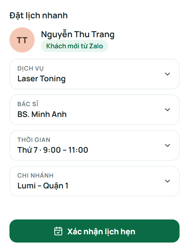 Hẹn lịch kế tiếp ngay khi khách còn ở quầy Đặt lịch hẹn kế tiếp cho khách: dịch vụ, bác sĩ, thời gian và chi nhánh
