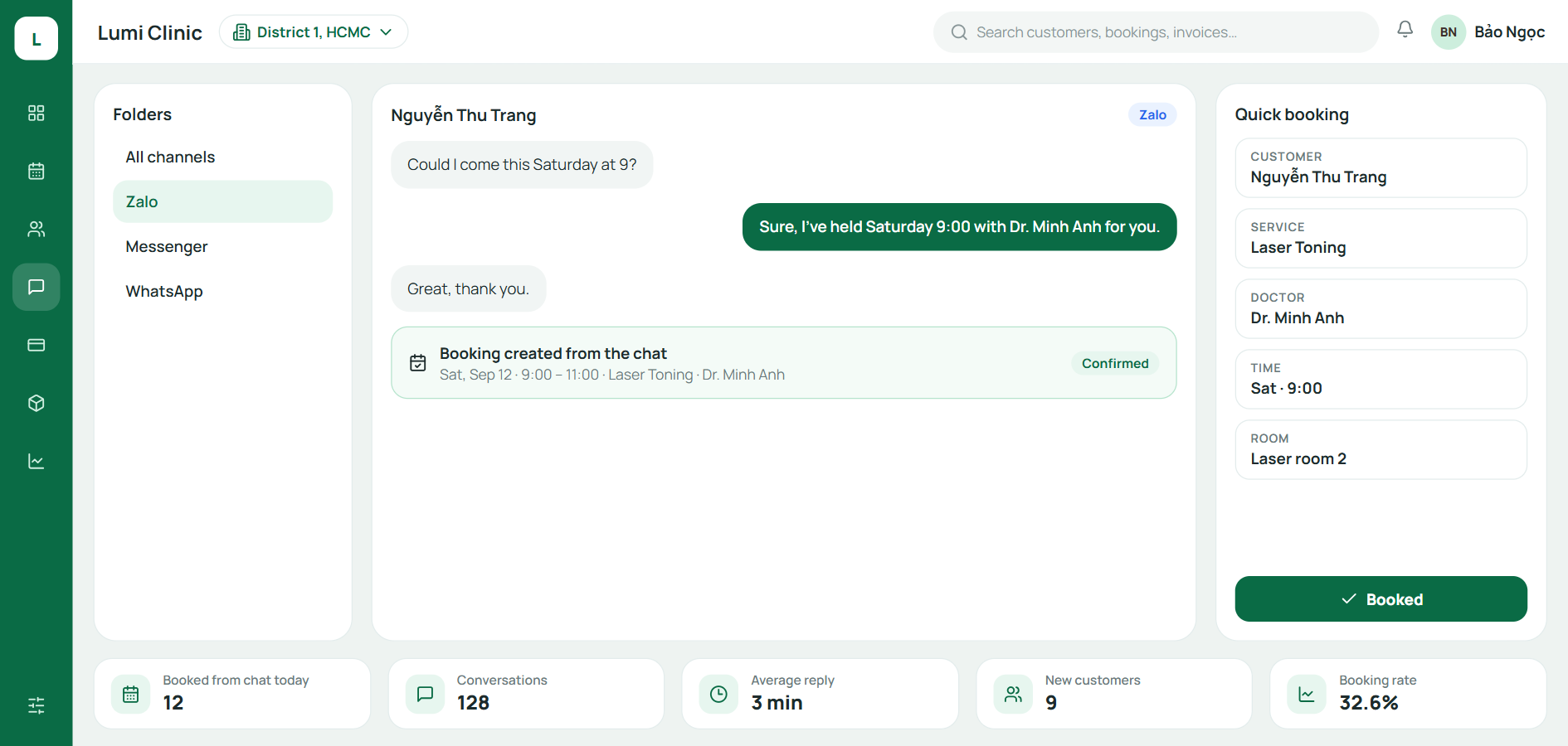 The consultation and booking steps flow straight into each other, with no data re-entry A consultant books an appointment directly inside a customer chat conversation