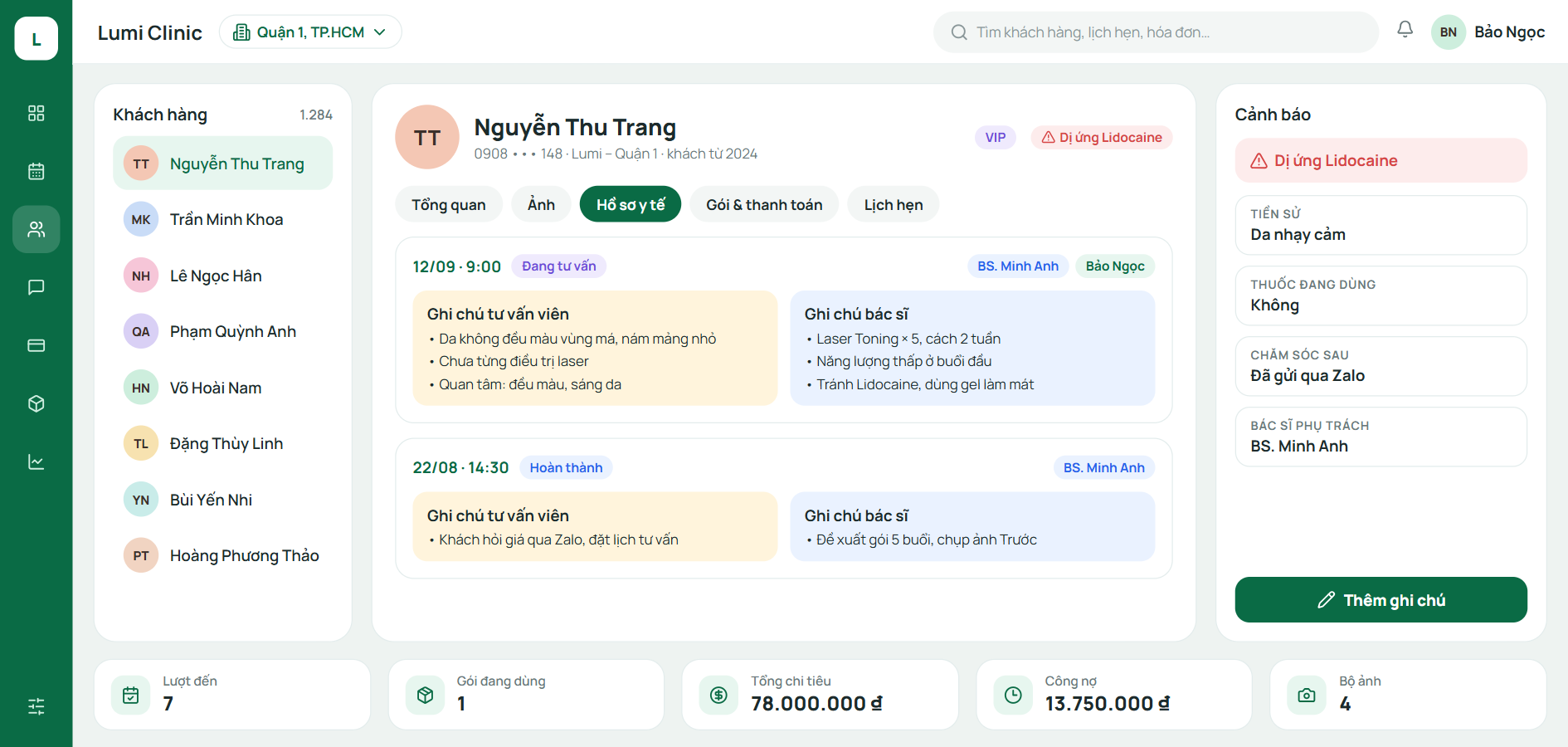 Thông tin sức khoẻ nằm trong hồ sơ, chỉ người điều trị được xem Hồ sơ y tế của khách: dị ứng, ghi chú của tư vấn viên và bác sĩ theo từng lần điều trị